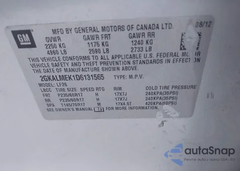 2013 GMC Terrain Sle-1 from USA, damaged, VIN 2GKALMEK1D6131565